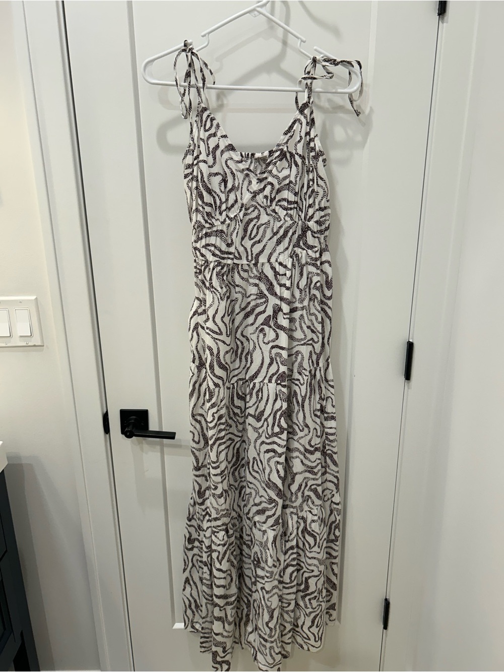 LOFT Tie-Shoulder Printed Maxi Dress in Ivory and Taupe